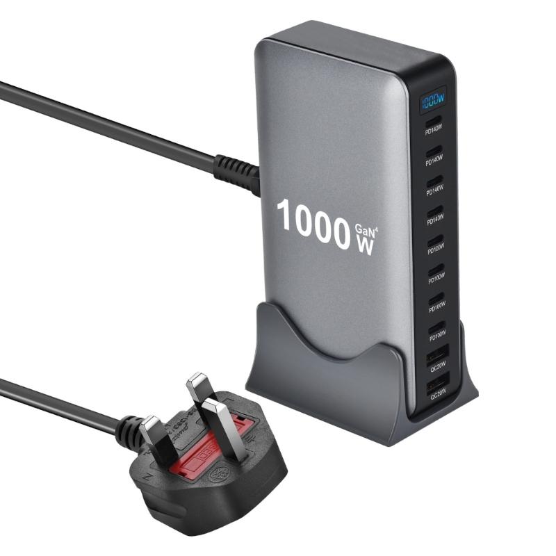 1000W Gans PD Fast Charger 10Port Fast Charging Station ABS Materials MultiDevice Power Adapter Durability Design