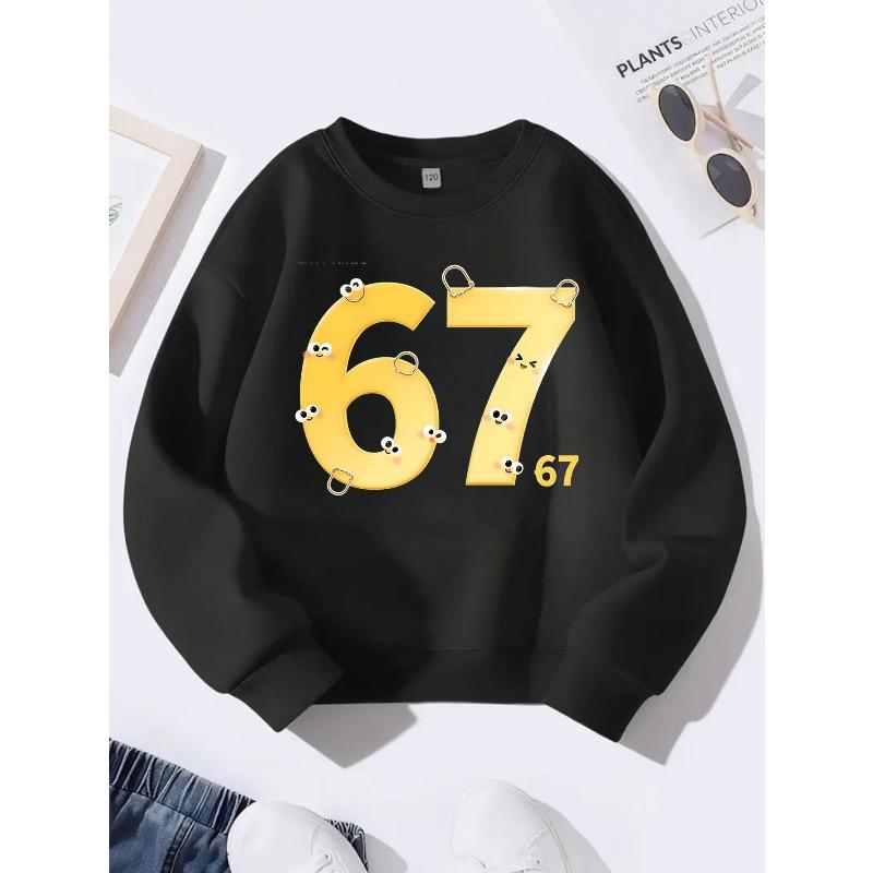 Birthday Gift For Kids Aged 4-12 Cute Yellow Cartoon Face Safety Pin Number 67 Graphic Sweatshirt Unisex Boys Girls Kawaii Pink Soft Fleece Crewneck