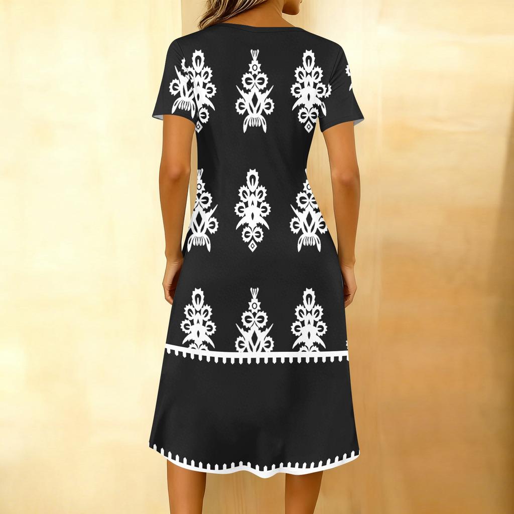 Women's Fashionable Retro Printed Round Neck Short Sleeved Button Neck Mid Length Casual Dress