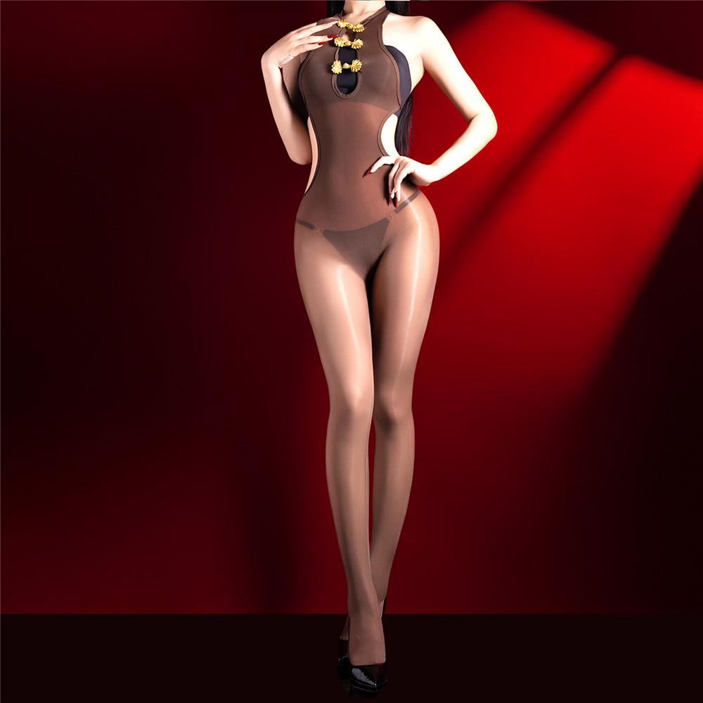 Fashion Women Backless Open Crotch Bodysuit Hollow Out Jumpsuit Oil Shiny Glossy Elastic Tight 5D 912 Pin Bandage Maid Leotard