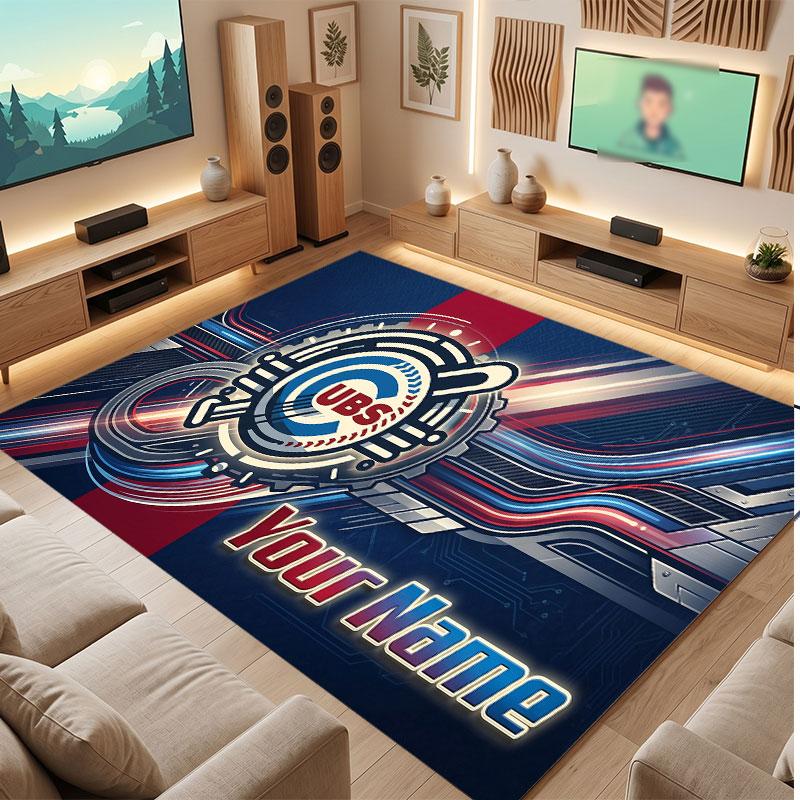 Chicago Cubs Personalized Crystal Velvet Carpet, Customized Name Text Soft Anti‑Slip Rug for Living Room Bedroom
