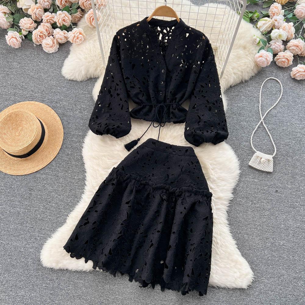 Zweiteiliger Anzug Damen Herbst Hohl Laternenärmel Hemd Hohl Rock