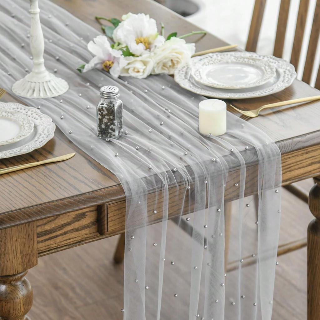Luxurious Pearl Tulle Table Runner, 120 Inches Seasonal Tulle Table Decoration Suitable For Holidays Weddings  Birthdays  Family Gatherings.