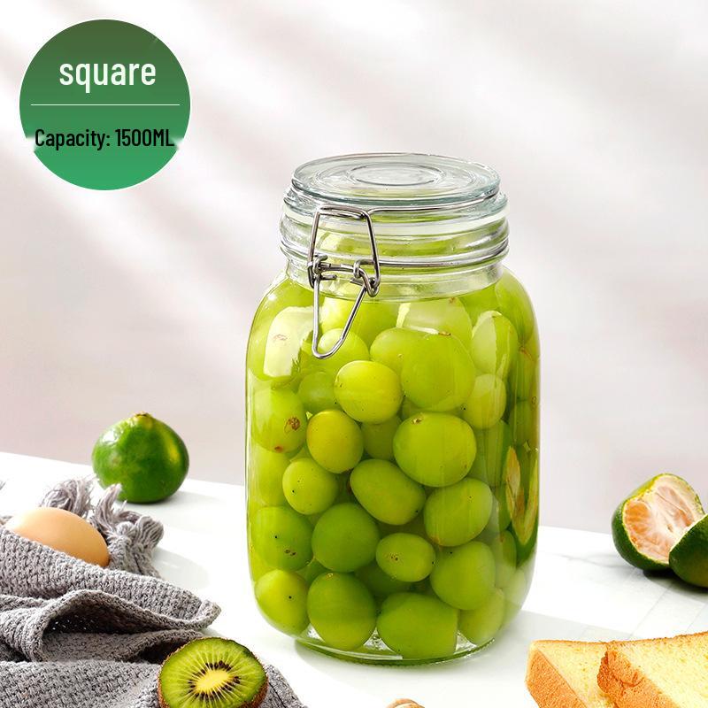 Glass Storage Jar with Transparent Buckle for Kitchen, Food-Grade Sealed Container for Grains