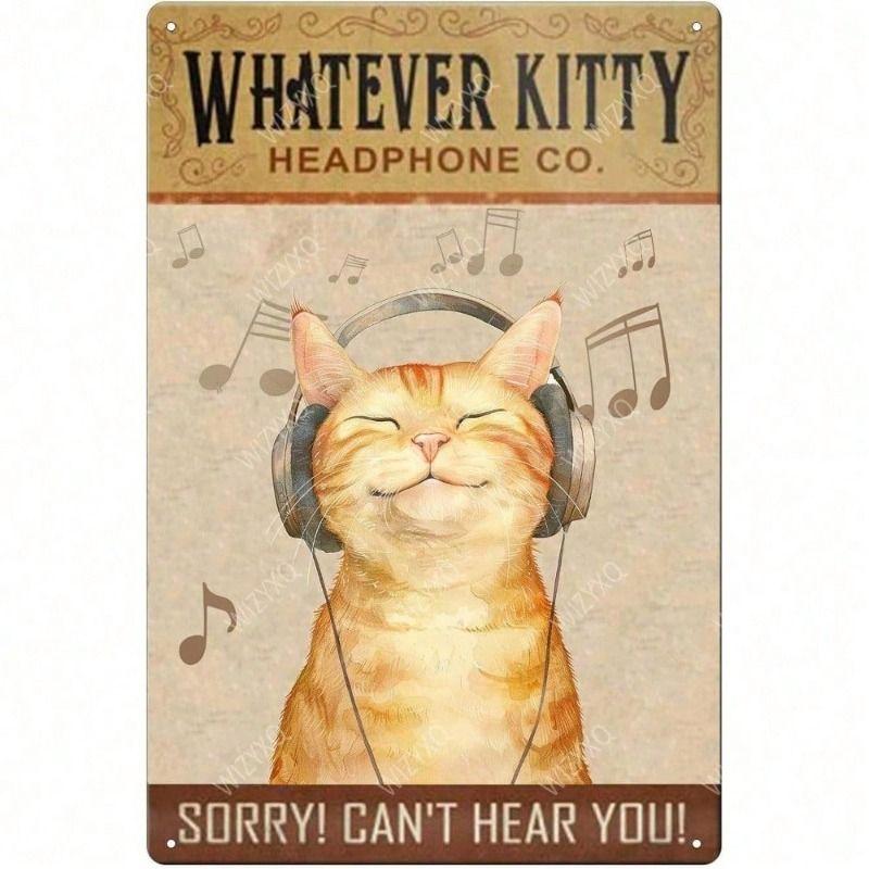 Metal Poster Retro Cat Headphones Vintage Wall Art for Bar 20*30cm