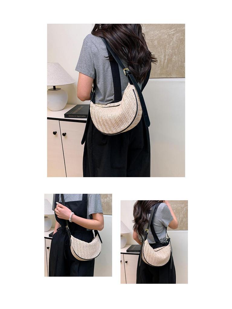 High-End Straw Woven Crescent Shoulder Bag: Fashionable, Pastoral Style, Hollowed-Out Versatile Handbag/Crossbody Bag for Casual Travel