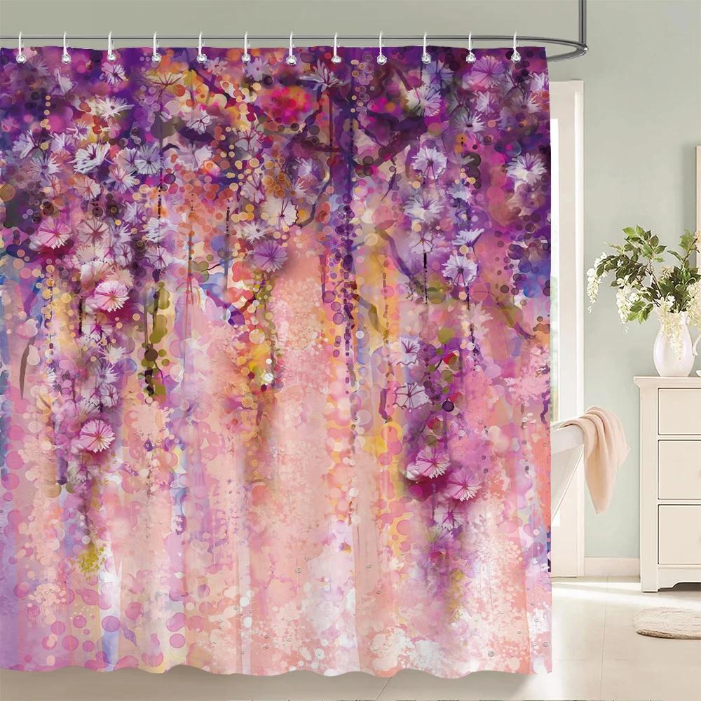 Colorful Beautiful Flowers Shower Curtains With 12 Hooks Floral Printed Fabric Shower Curtain Waterproof Polyester Bath Screen