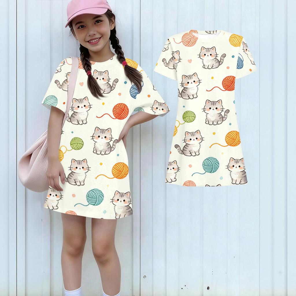 Girls Loose Fit Short Sleeve Dress Kids Round Neck Casual Lightweight Dress with Animal Print Suitable for Daily Wear and Outdoor Activities