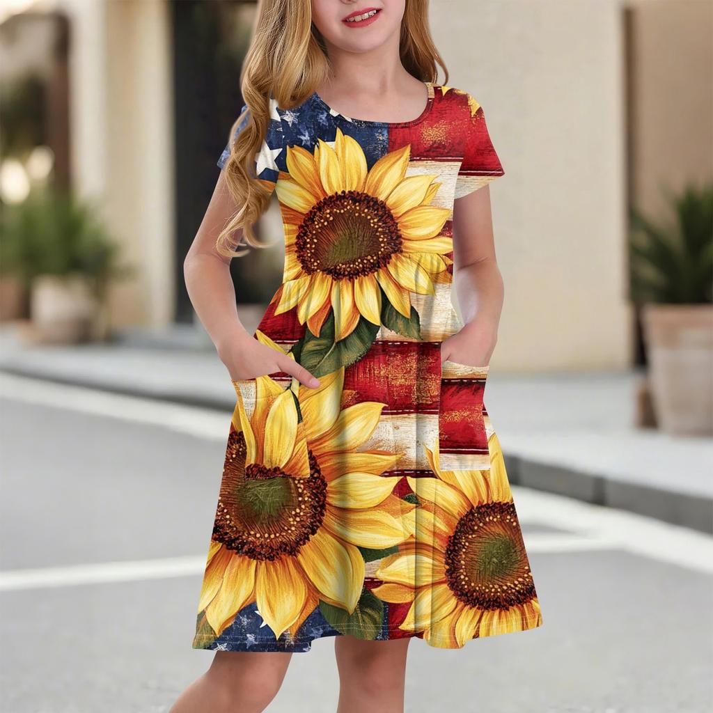 Kinder Rundhals Kurzarm Prinzessinnenkleid Modisch Und Lässig Tasche Mädchen Unabhängigkeitstag Kleid