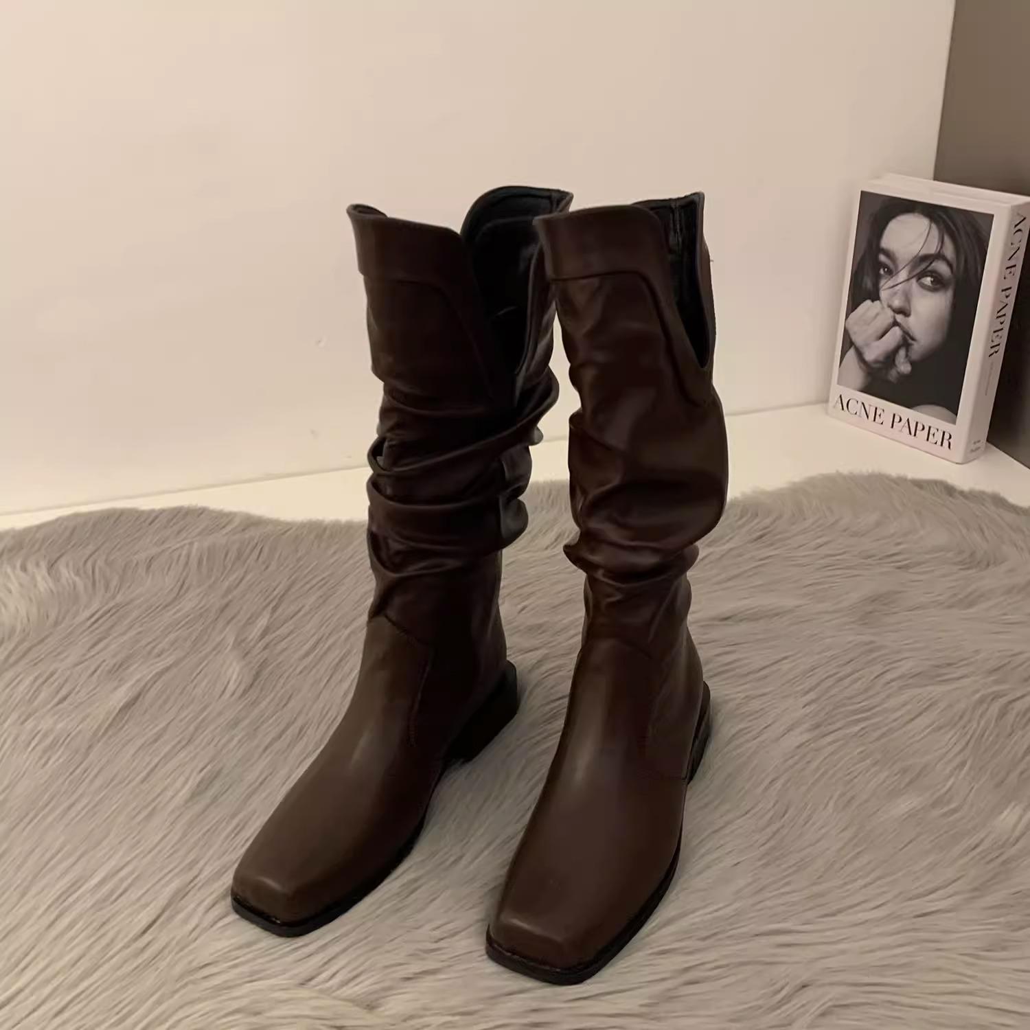 

Женская новая мода Increase Slim Western Denim Boots Small Fragrant Shoes High Barrel Rider Stacked Long Barrel Boots 39