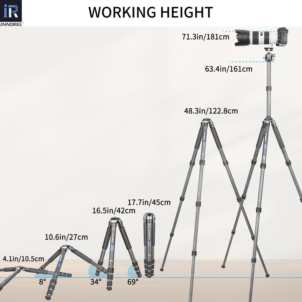 INNOREL Carbon Fiber Camera Telescopic SLR Working Pipe 20kg Maximum Load Panoramic Macro Video Digital Portable Tripod with Center Pole and Bag