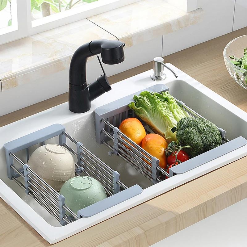 1pc Stainless Steel Retractable Vegetable Sink With Multifunctional Drainage Basket Adjustable And Expandable Kitchen Tools