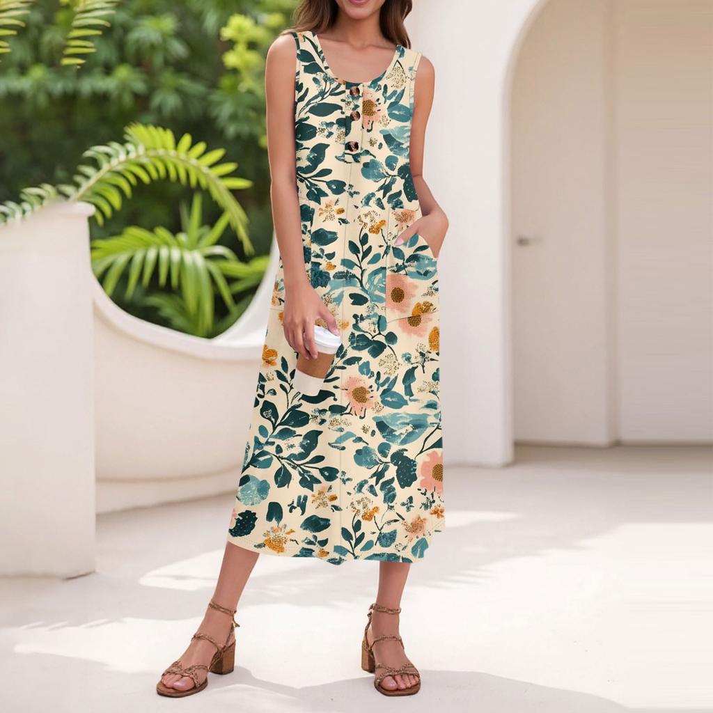 Women's Summer Casual Fashion Floral Print Sleeveless Button Casual Long Dress