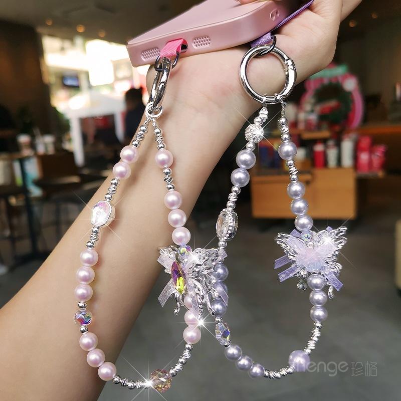 High-end Gemstone Butterfly Pearl Mobile Phone Chain Ins Fashion Women's Wrist Pendant Beaded Chain Short Style