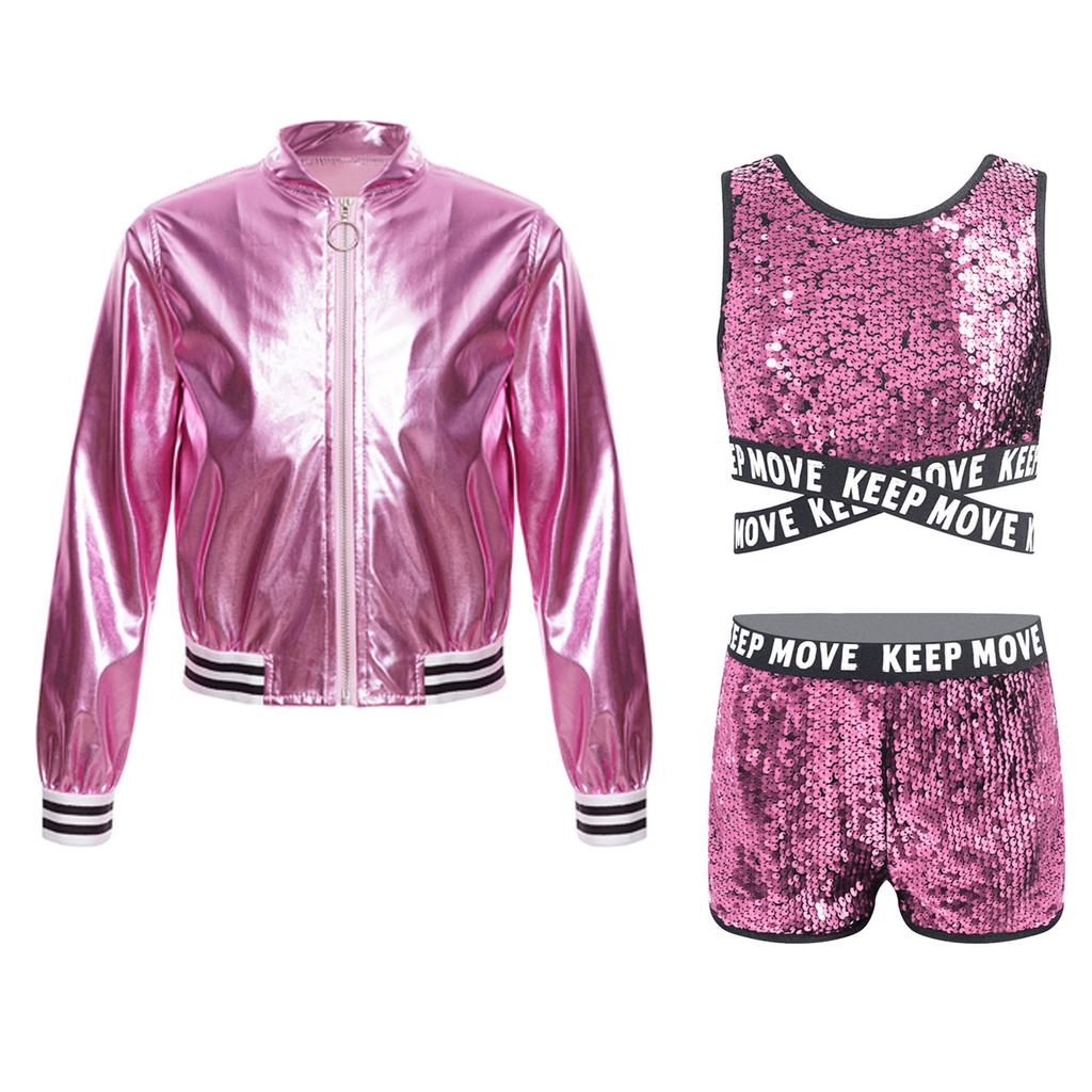 Kids Girls Sparkling Sequined Dance Costume Sleeveless Crisscross Strap Crop Top with Shorts and Metallic Jacket