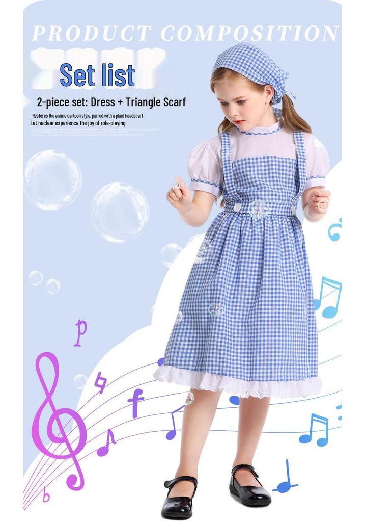 Blue Plaid Halloween Cosplay Costume for Kids with Headscarf & Skirt