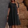 2025 Summer Retro Loose Pocket Solid Color Round Neck Women's Cotton Linen Dress