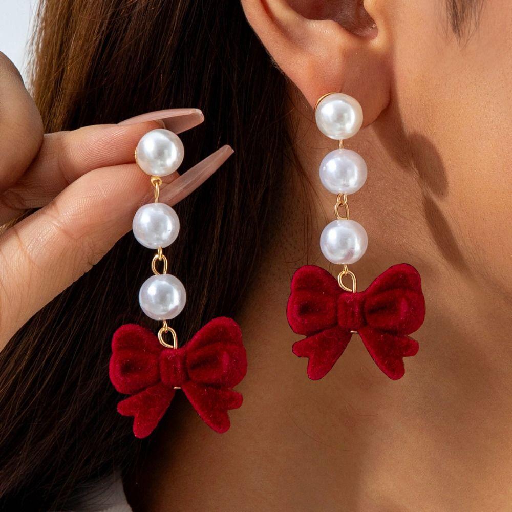 Pearl Wine Red Bow Drop Earrings Bowknot New Year Earrings Exquisite Red Velvet Bow Earrings  Women