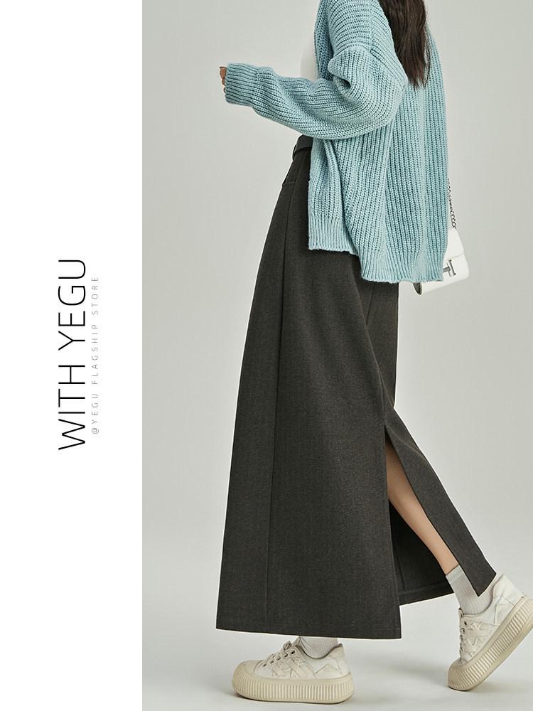 Women s High-Waist Woolen Slit Midi Skirt - Autumn Slim Fit L
