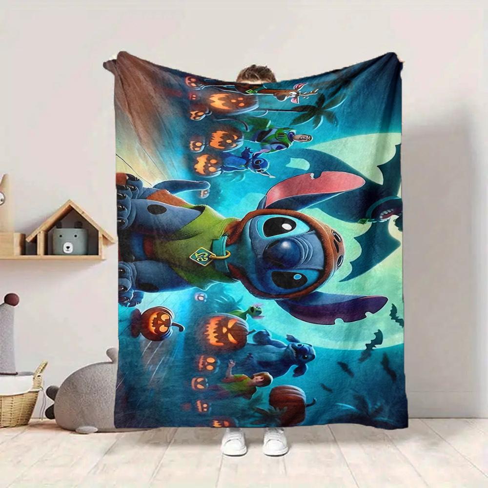 1Pc Stitch'S Halloween Adventure Flannel Blanket, Soft And Comfortable, Casual Warm, Camping Travel, Christmas, Halloween Xmas Gift S1475