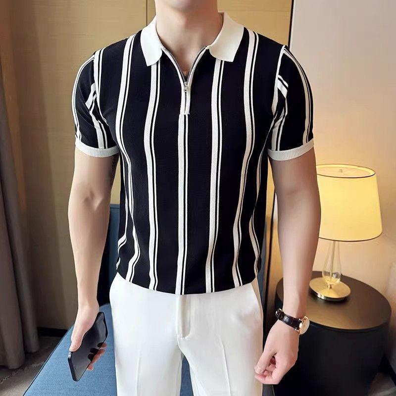 Suéter de Tricô Listrado Preto e Branco Manga Curta Masculino Gola Polo Camiseta de Gelo Moda Tendência