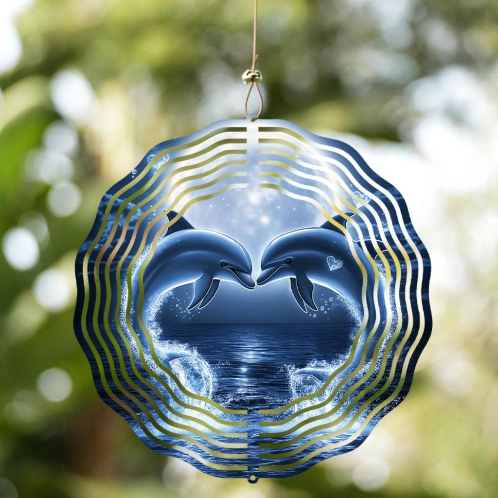 Romantic 2D Dolphin Wind Chime Metal Wall Art with Night Sky Glow for Indoor Outdoor Garden Patio Thanksgiving Decor