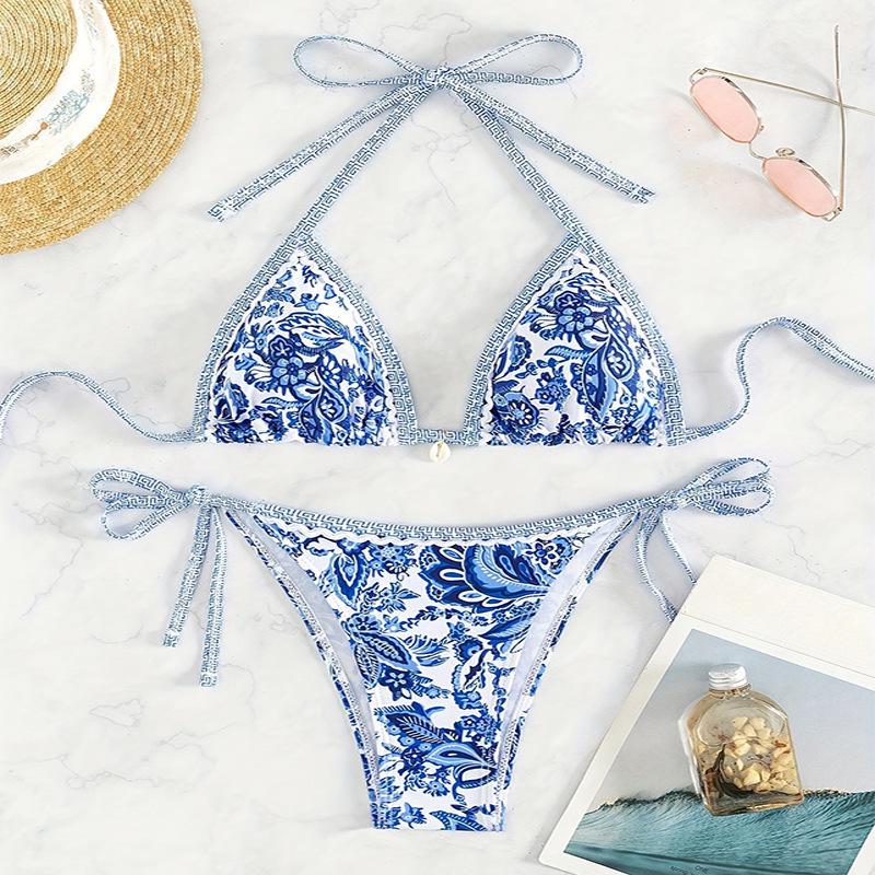 

European & American Triangle Cup Sexy Tie-Up Bikini 2025 Large синій