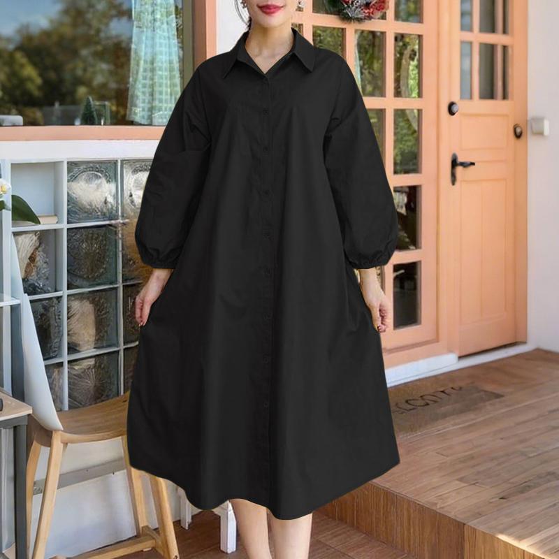 

ZANZEA Women Casual Turn Down Collar Puff Long Sleeve Loose Shirt Dress S чорний