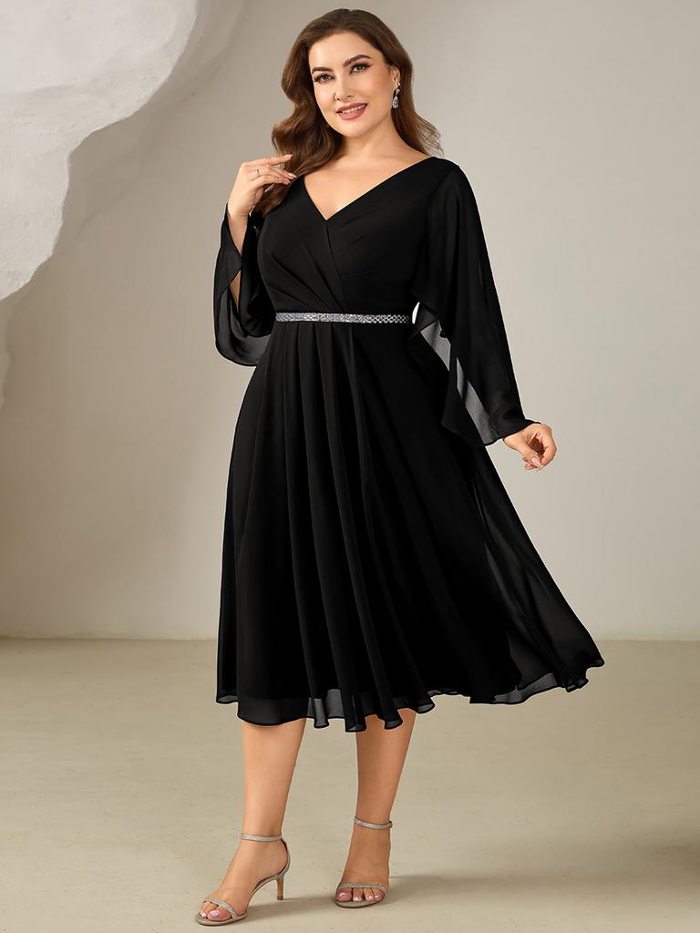 Ever-Pretty Women's Plus Size 3/4 Ruffle Bell Sleeve Deep V-Neck A-Line Midi Wedding Guest Dresses