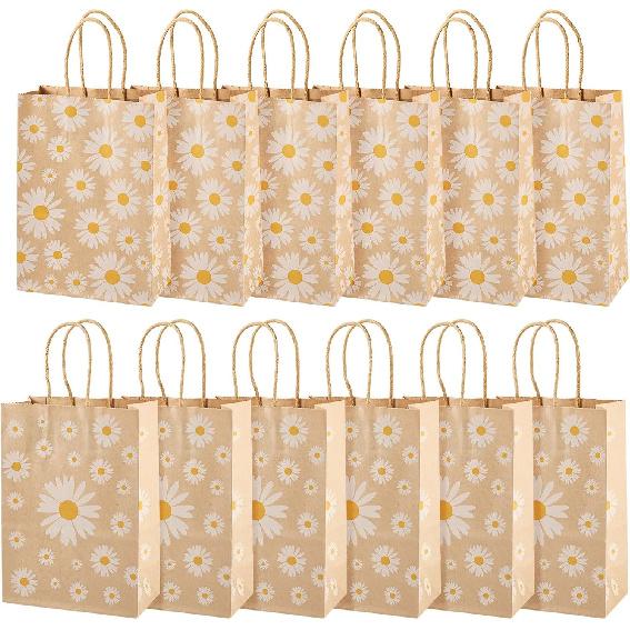 Cheriswelry 12Pcs Kraft Paper Bags Daisy Flower Paper Gift Bags Brown Shopping Bags with Handles 20.1x14.8x0.2cm for Wedding Party Favors Packaging