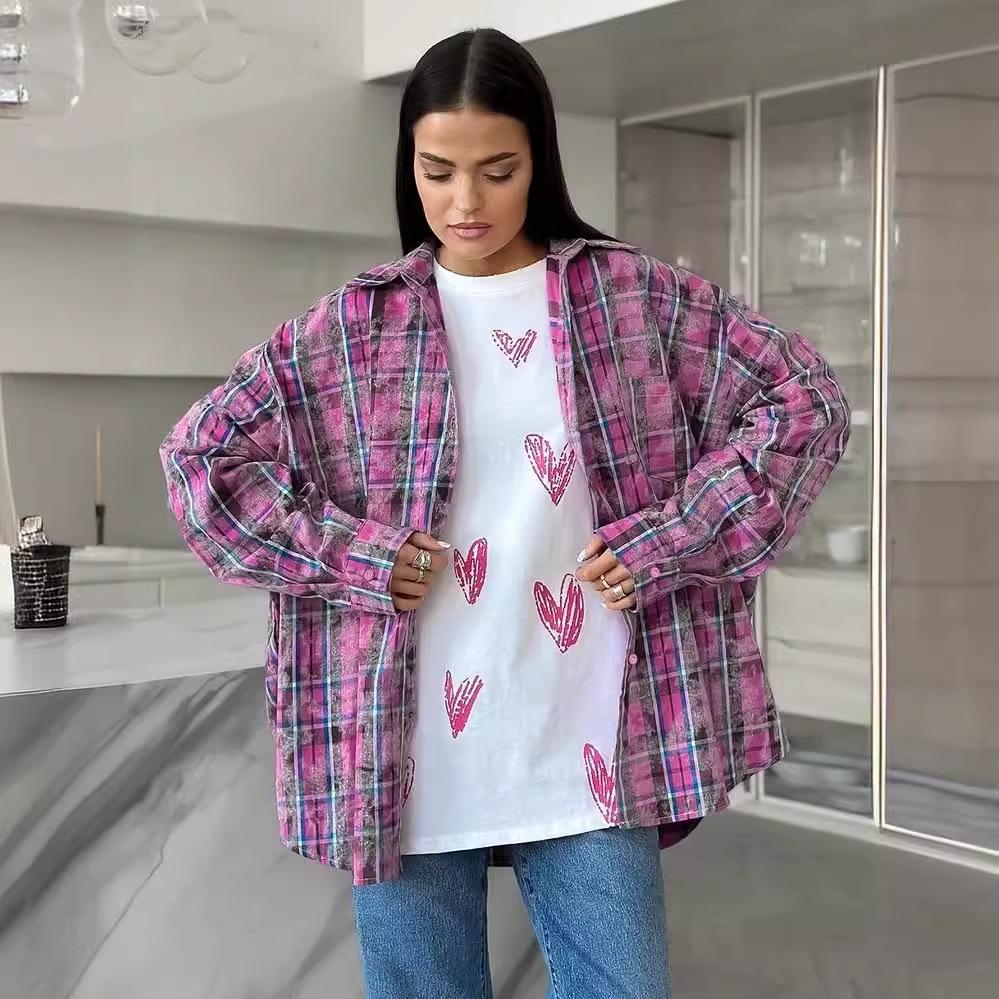 2024 Trendy European & American Cotton Plaid Shirt: Versatile, Loose-Fit, Long-Sleeve Women's Fashion for a Stylish Commute