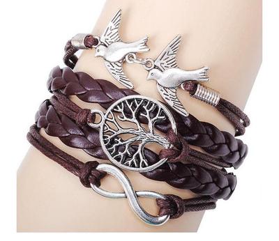 Mode Damen Leder Mehrschichtig Niedlich Unendlichkeit Liebe Baum Vogel Charms Armband ARI