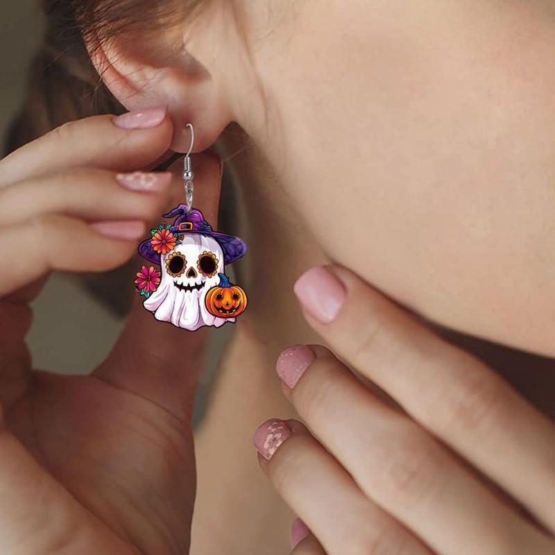 Ghost Themed Halloween Pumpkin Flower Pattern Women Alien Earrings Acrylic