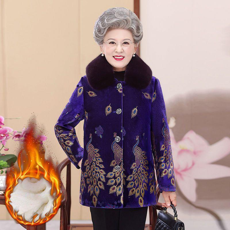Vyšívat zimní oblečení Středně dlouhé tlusté bavlněné oblečení Dámská bunda s bavlněnou vložkou Parka s kožešinovým límcem ze zlatého sametu po babičce