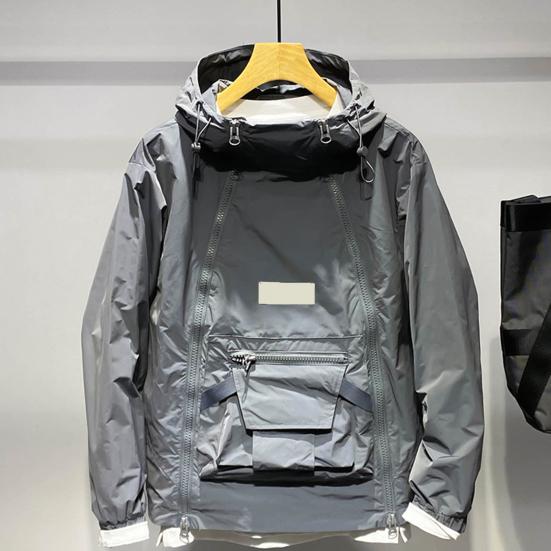 Men Trench Coat Hooded Drawstring Long Sleeve Double Zipper Cargo Tops Solid Color Large Pocket Street Style Outwear