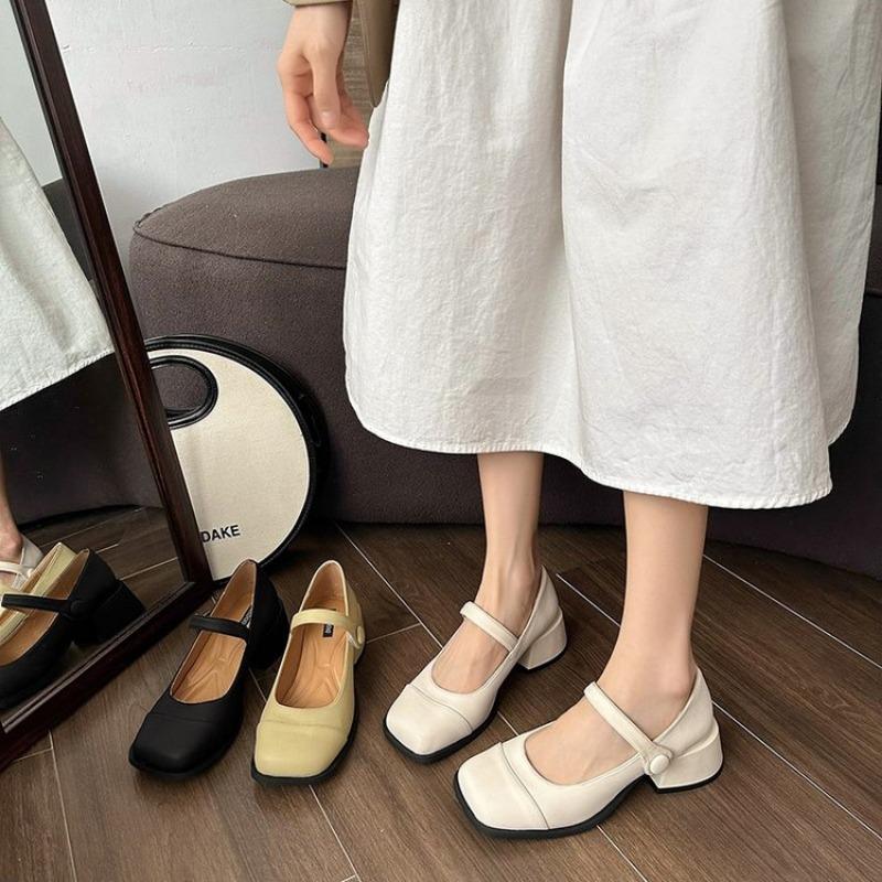 Fashion Women's Fashion Heel Shoes Autumn New Square Head Shallow Mouth Word with Anti-slip Wear-resistant Low-top Shoes