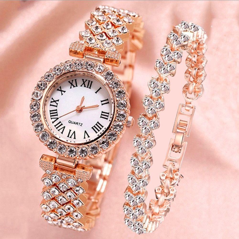 Silver Rhinestone Quartz Watches Luxury Watch Bracelet Set Rose Gold Watch  Daily Use