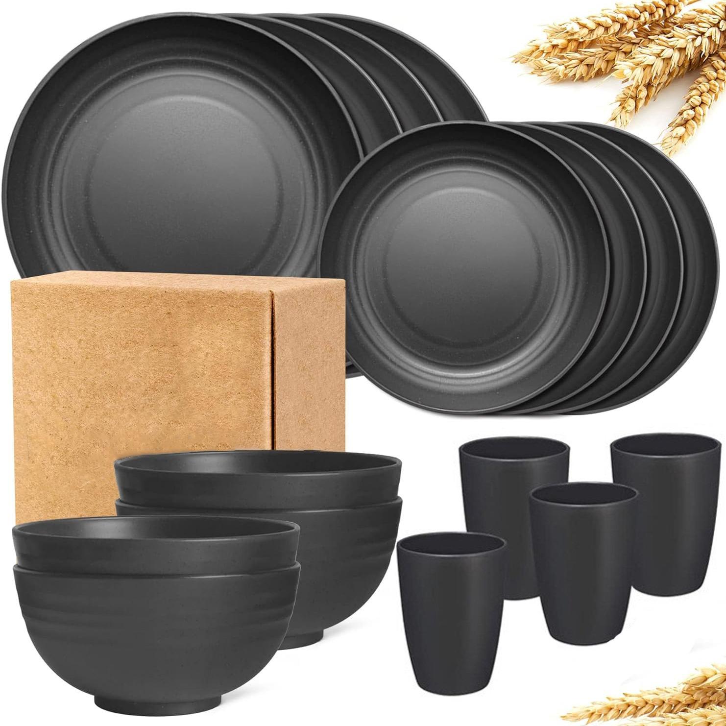 

New 16 Pieces/set of Non Fragile Meal Plates, Wheat Straw Dishes, Tableware Set, Microwave Dishwasher, Safe, Reusable Tableware чорний