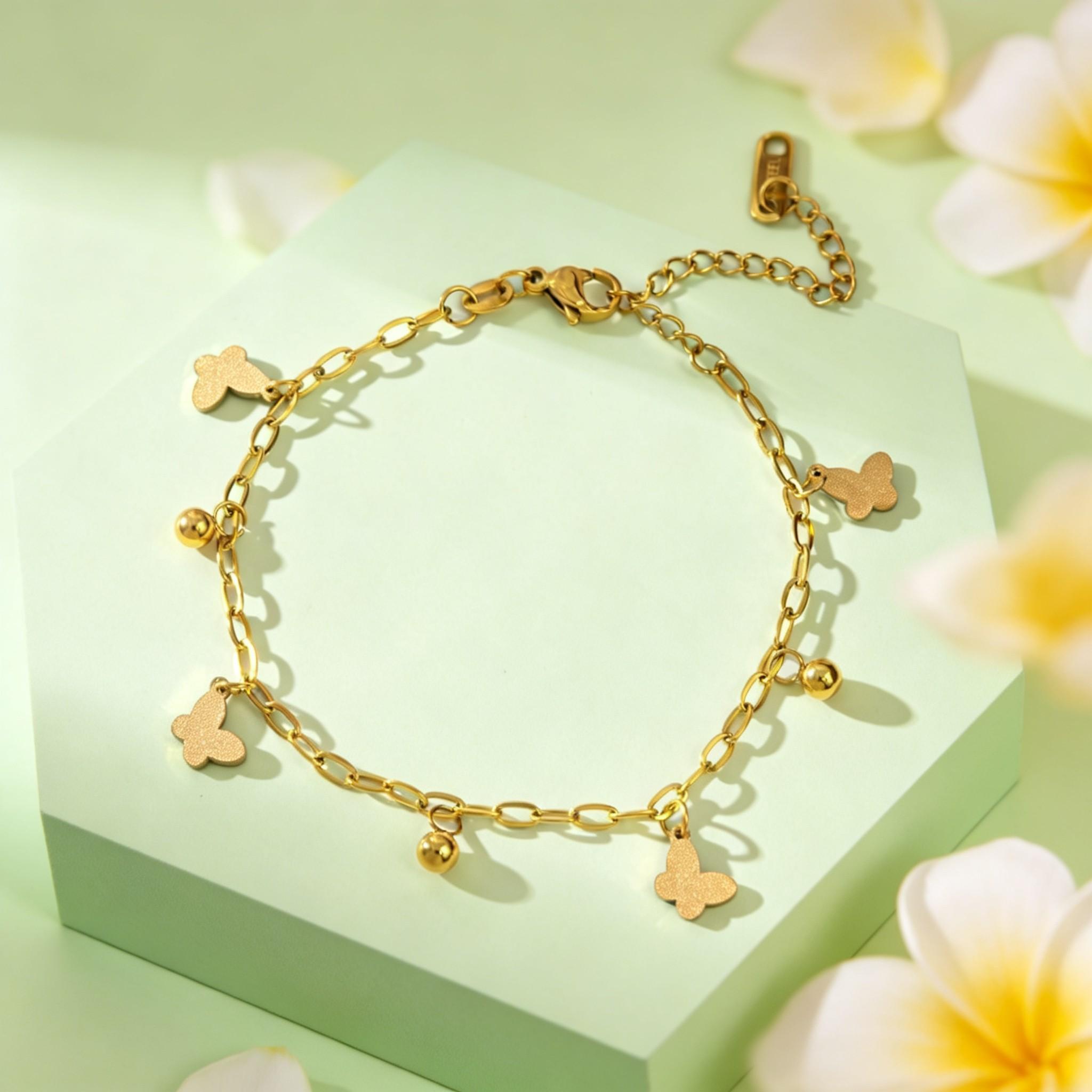 

Round Bead Butterfly Dangle Bracelet Women s 18K Gold Plated Stainless Steel Chain Bracelets Delicate Jewelry Gift
