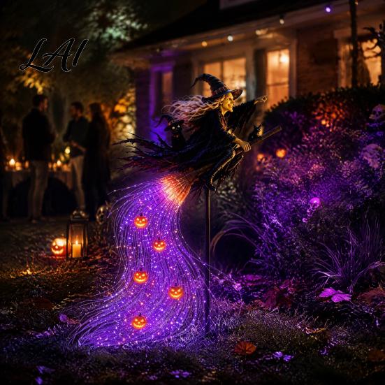 Weather Resistant Outdoor Figures Solar Halloween Witch Garden Stake Light Waterproof Metal Flying Broomstick Spooky Pathway Markers Light
