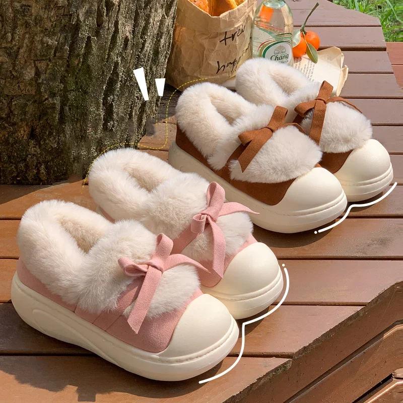 Fashion Cute Bowknot Fur Cotton Padded Shoes Women 2024 Faux Fur Warm Platform Snow Boots Woman Non Slip Thick Sole Winter Boots Female