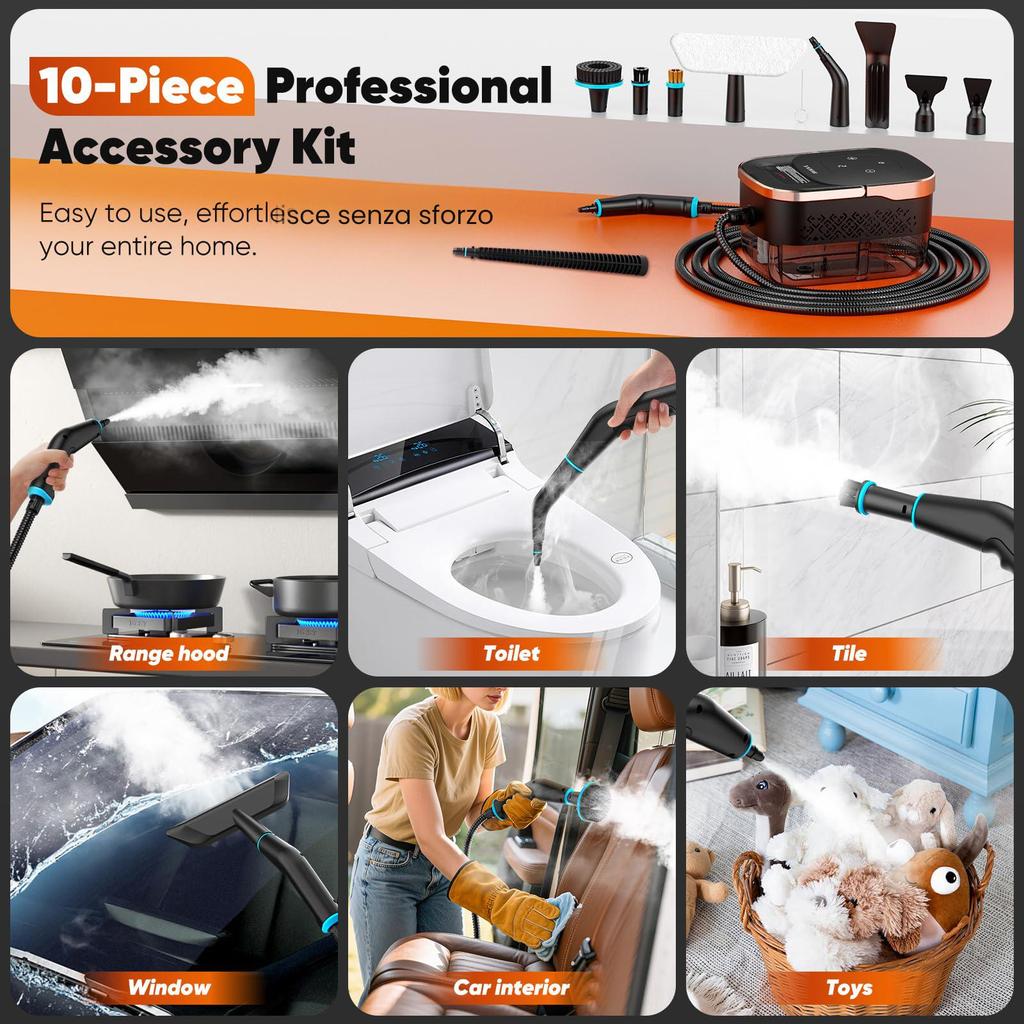 YADIMI 1500W Ręczny Parowy Odkurzacz 4 Bary Ciśnieniowe z 10 Akcesoriami, Szybkie Nagrzewanie w 10s i Regulacja 6 Poziomów do Okapu Kuchennego, Toalety, Płytek, Wnętrza Samochodu