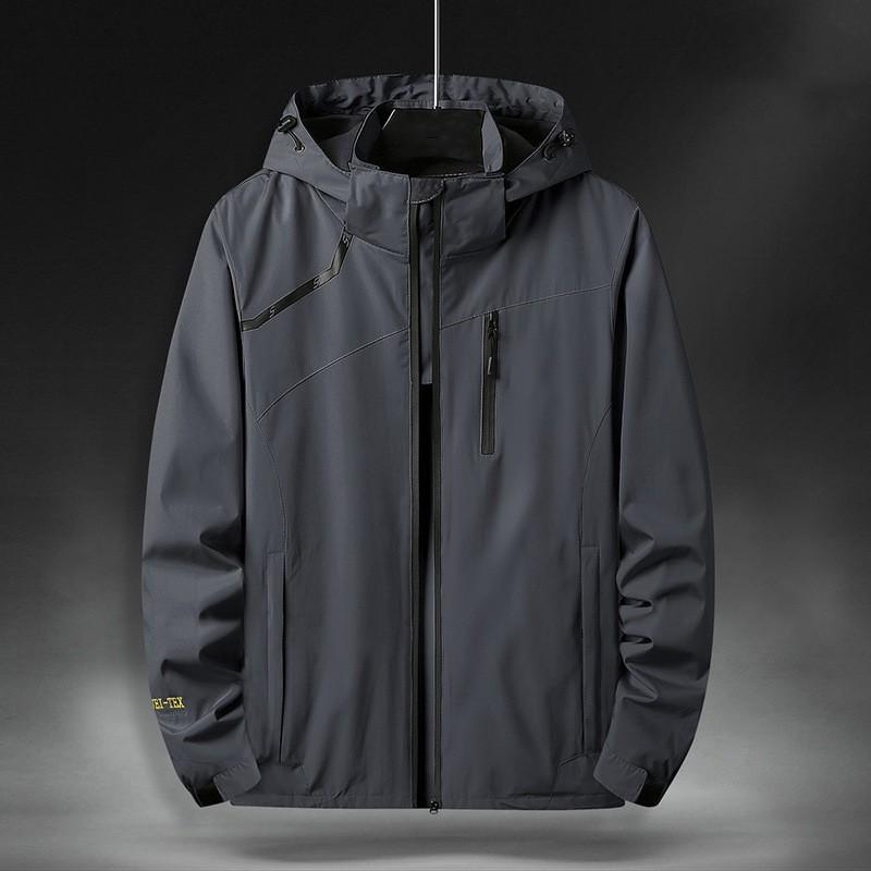 Men's Spring and Autumn Solid Color Plus Size Single Layer Punching Jacket Long Sleeve Hooded Outdoor Mountaineering Jacket