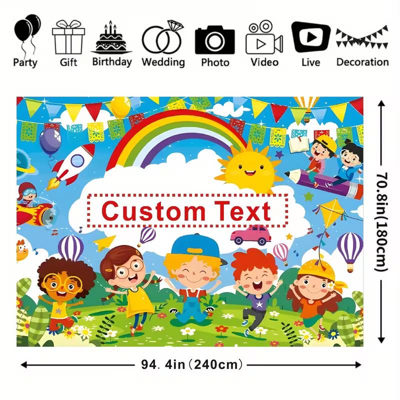 Custom Text Kids Backdrop, Colorful Cartoon Back To School Party Background