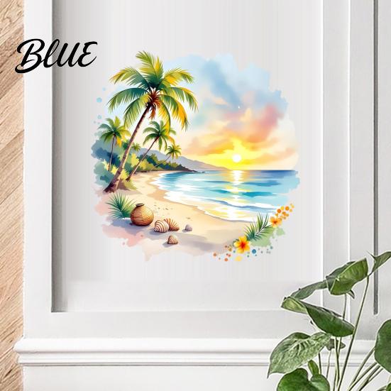 Round Beach Wall Summer Landscape Palm Seaside Tree Decal Sunset Decal Watercolor Sticker Island Style Home Decor Tropical Coconut