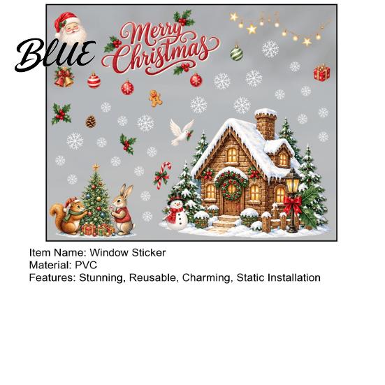 Seasonal Glass Surface Stickers Christmas Window Clings, Snowy Village House Xmas Tree Squirrel Rabbit Holiday Decorations Sticker, Double-Sided