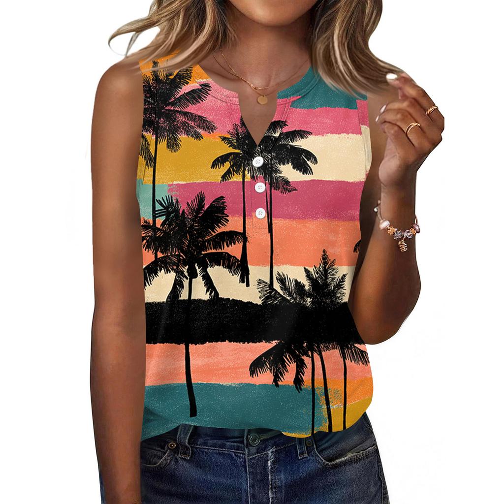 Women's Fashionable Casual Hawaiian Print Sleeveless Button Vest Top