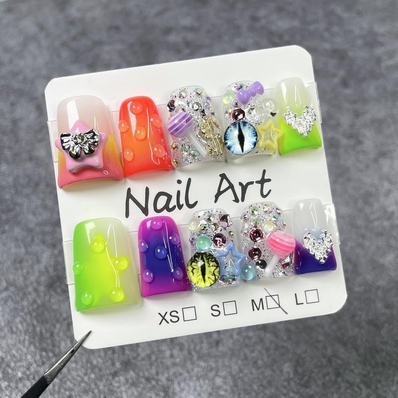 Short Press-On Nails With Glitter Ice-Transparent Pink Blush Design Love Star Candy Women Teens Small