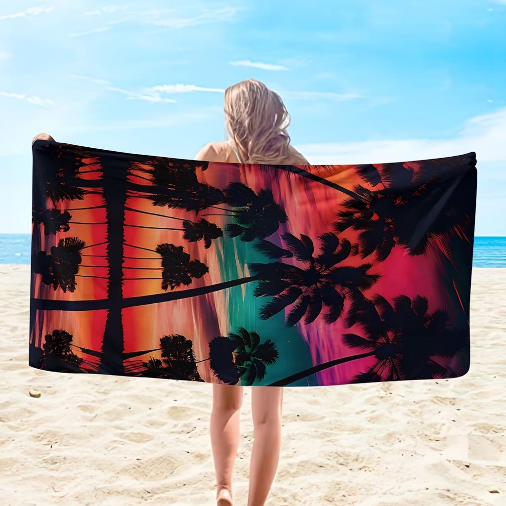 Sunset Coconut Beach Towel, Tropical Palm Tree Nature Art Quick-Dry Sand-Free Microfiber Bath Towels for Yoga, Swim and Camping