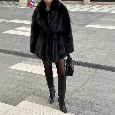 Womens Faux Fox Fur Coat Notched Lapel Mid-Length Warm Thick Winter Outerwear